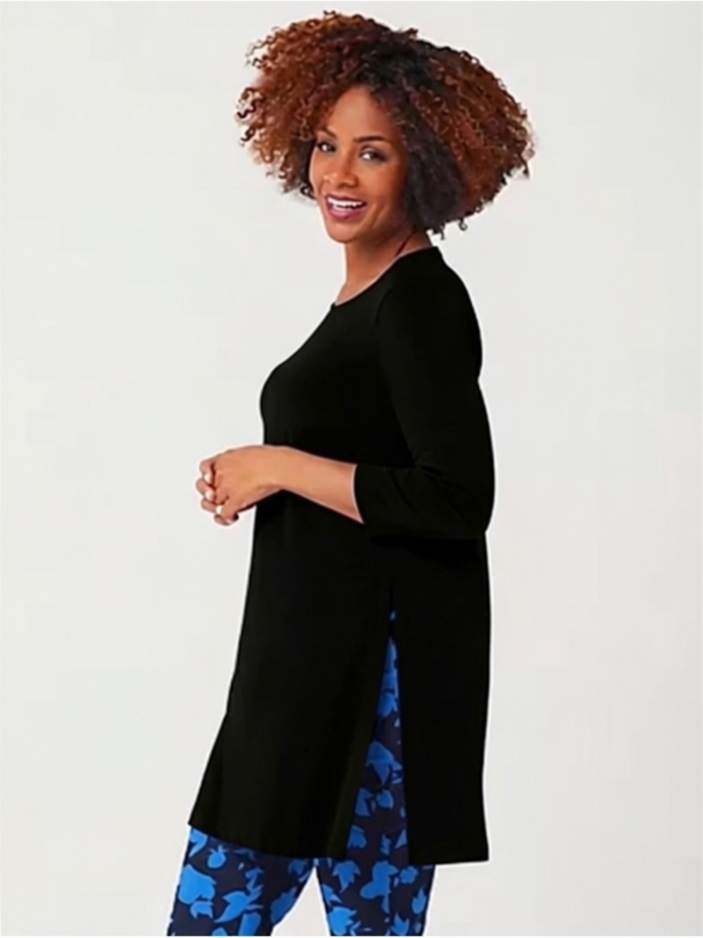 Susan Graver Every Day Liquid Knit 3/4 Sleeve Black Tunic Size L Petite